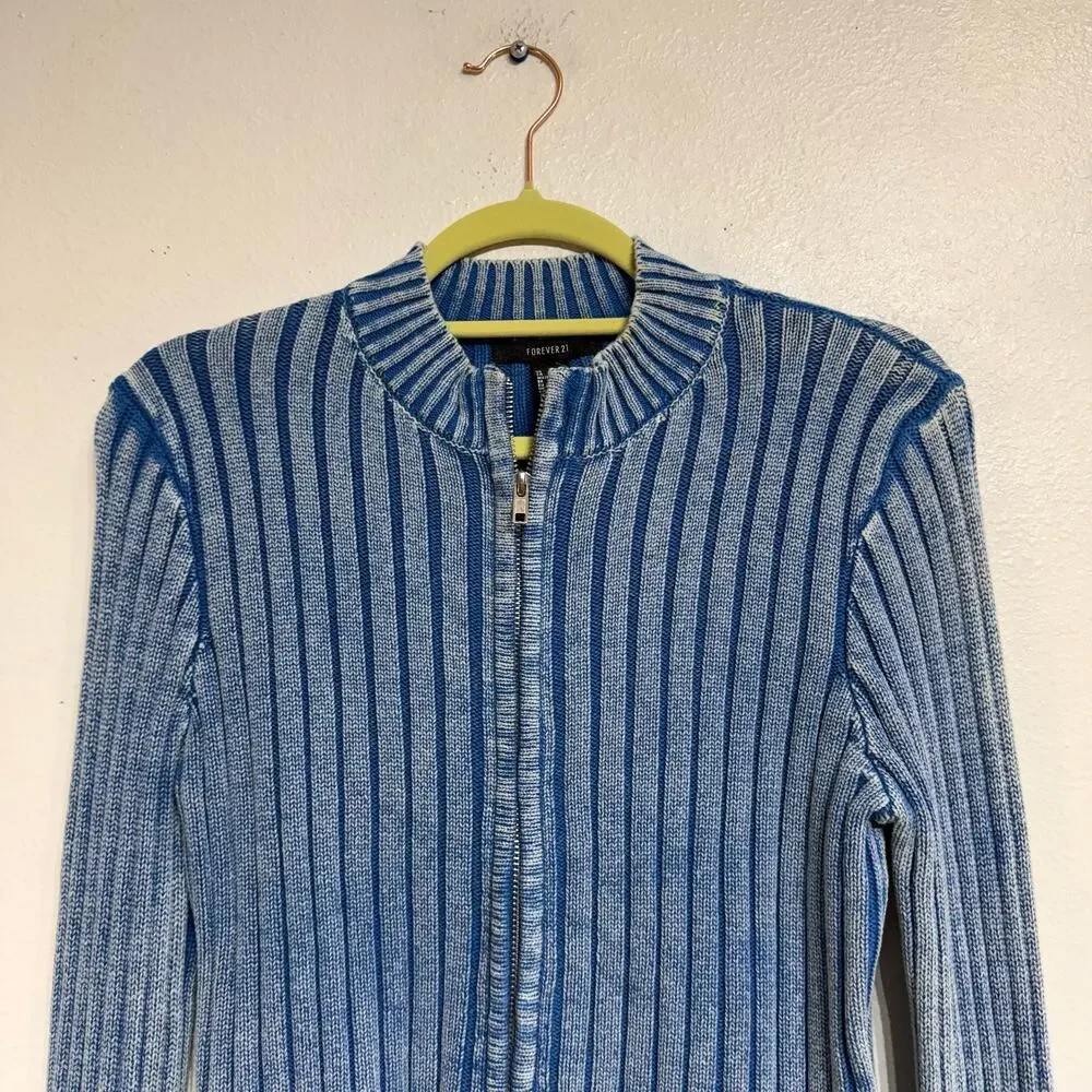 Forever 21 Blue Ribbed Full Zip Sweater Cropped Mock Neck Zip Up Sz L